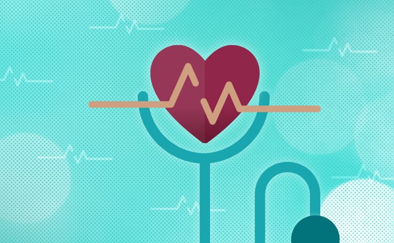 Cartoon depiction of a heart with a stethoscope around it. On top of the heart and in the background are linear representations of the EKG heart monitor.