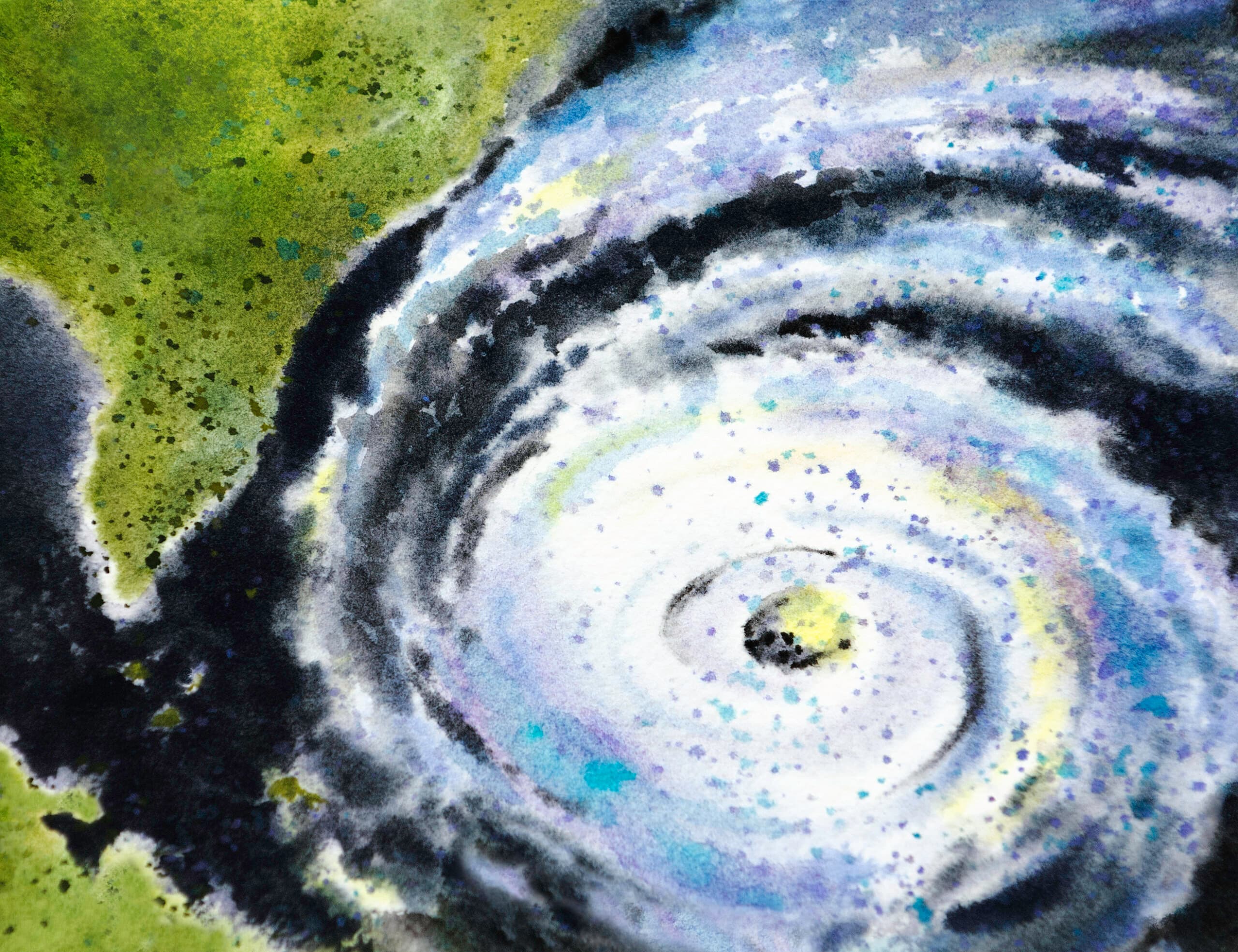"An aerial view of the eye of a violent weather system as it makes land mass. I feel this subject lends itself to interpretation using this traditional water based medium. Painted and photographed by me, Sandy Sandy, it shows off the granular imperfections of natural pigments with interesting color transitions that flow and mingle in an organic way, like only true watercolor paint can."
