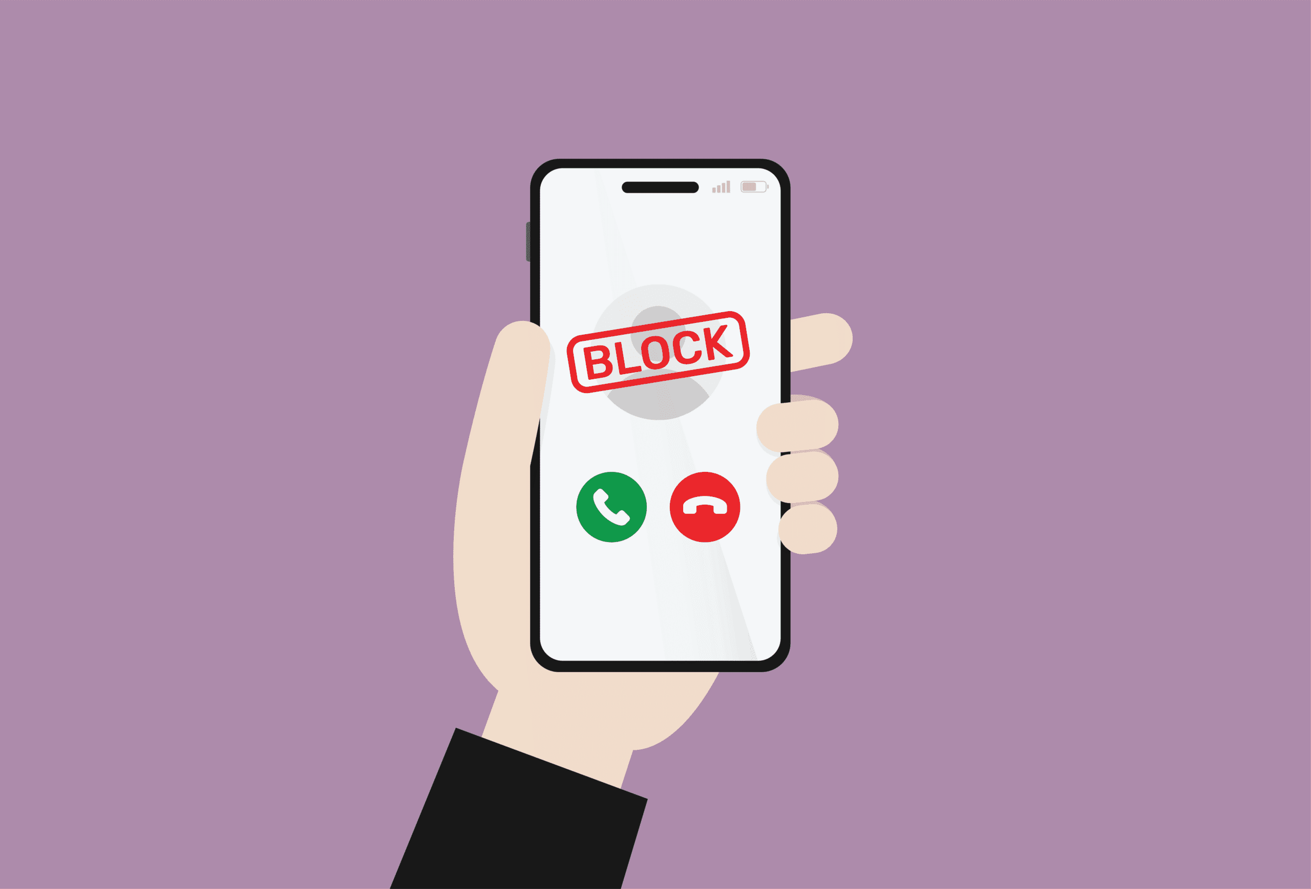 image of hand holding a smartphone displaying a "BLOCK" message on the screen. The red "BLOCK" text indicates that the phone is being used to block unwanted calls or messages.This visual conveys the concept of the Telephone Consumer Protection Act (TCPA) and the need for businesses to comply with regulations around placing automated calls or using pre-recorded messages, as discussed in the accompanying article.