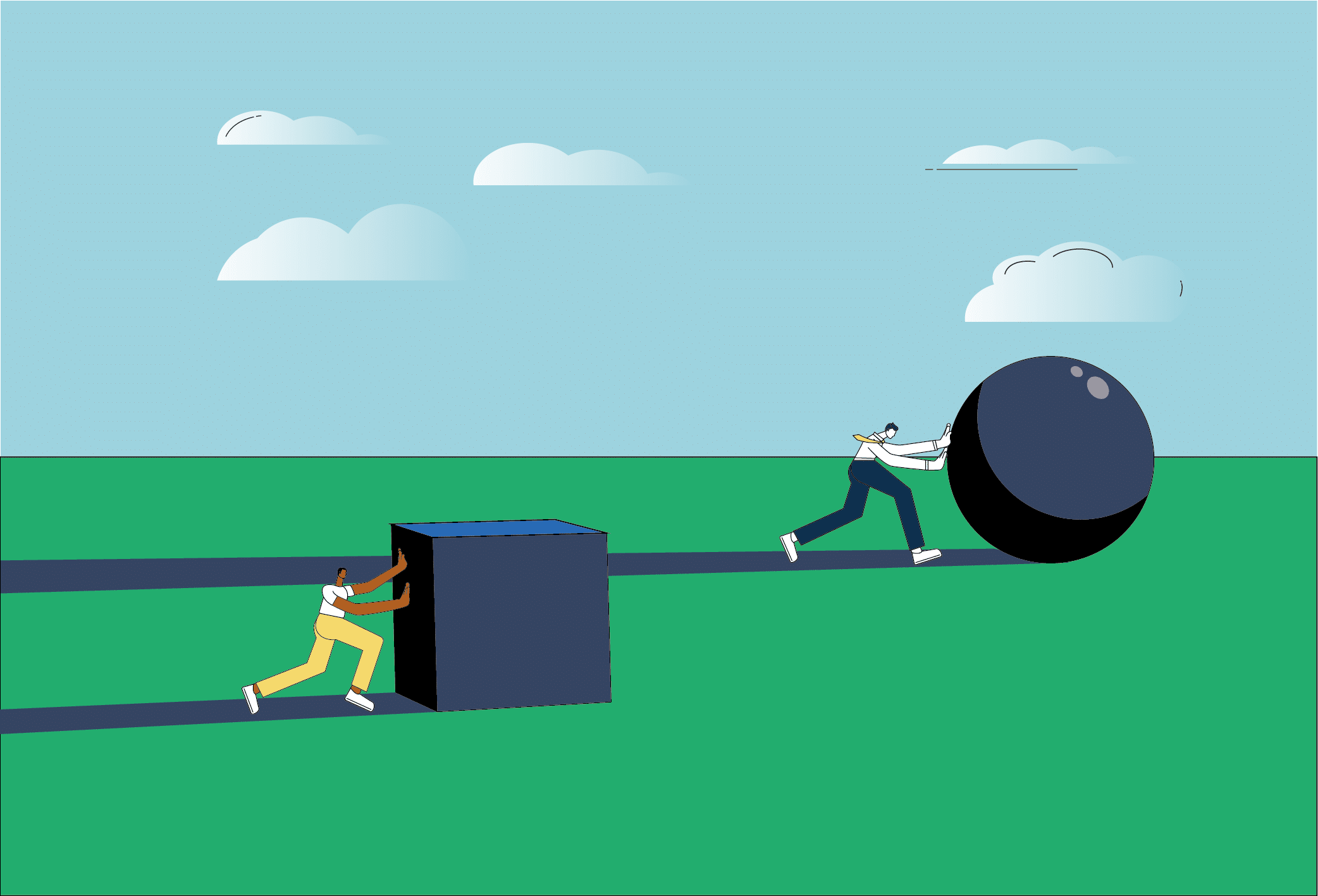 Illustration of two people pushing objects. The person in front is pushing a big square. The person in the back is far ahead of the person in front and pushing a ball shaped object. This is a metaphor for the unequal distribution of opportunities that is discussed in the article.