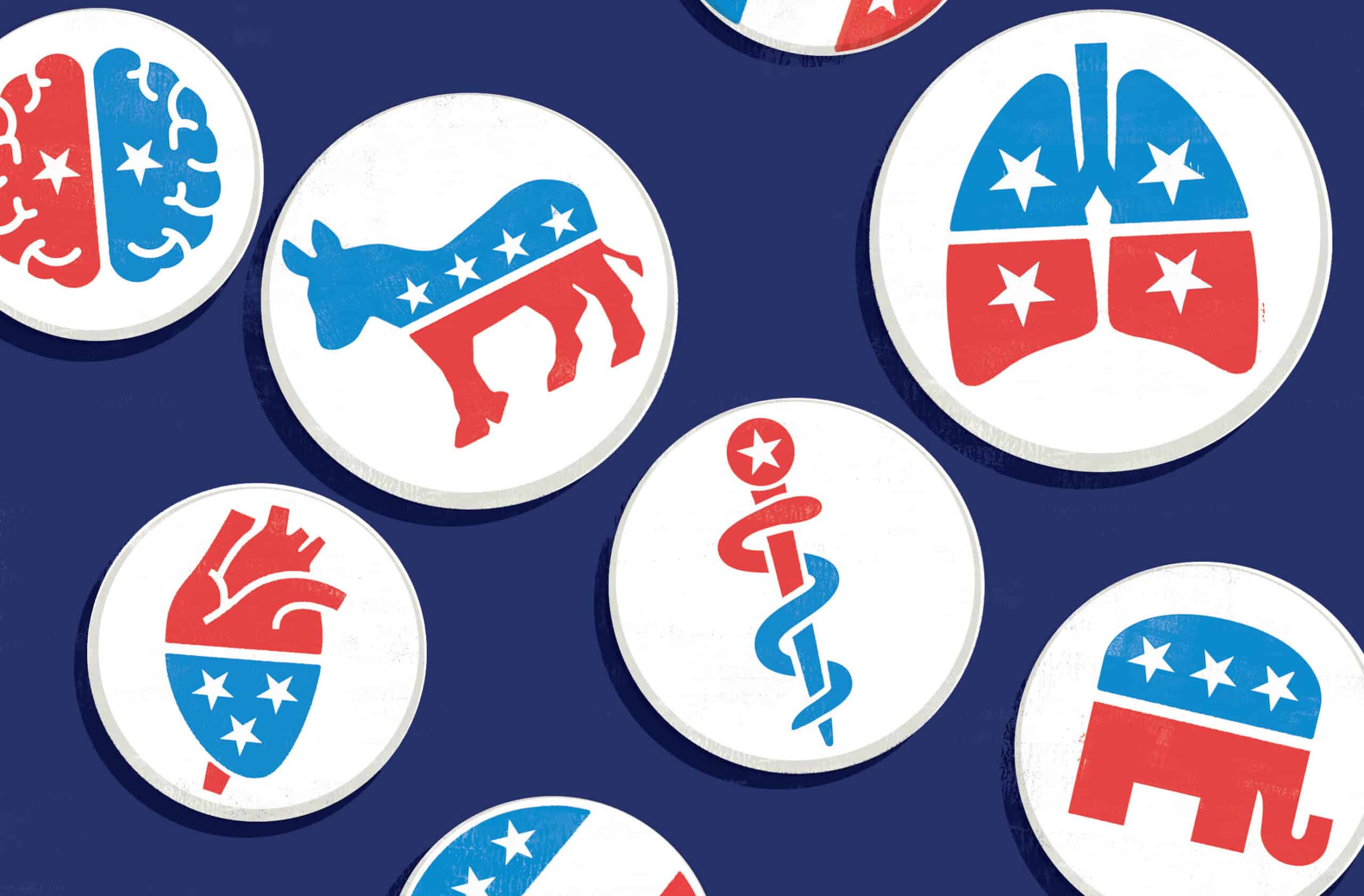 illustration of several illustration that are visually split into blue and red to demonstrate democrats vs. republicans. The illustrations are to represent different topics such as healthcare