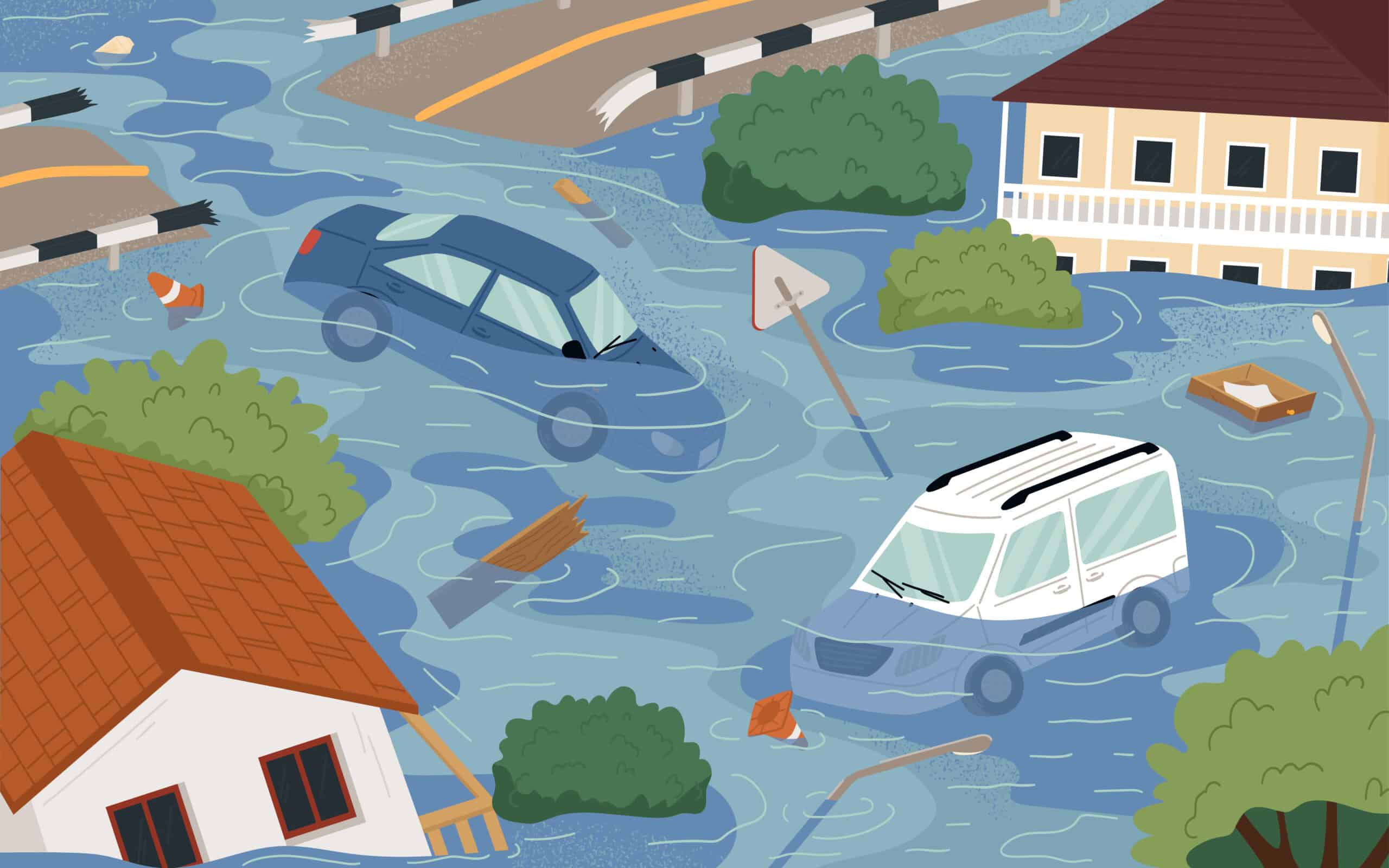 Illustration of a flooded urban area with submerged cars, houses, and broken infrastructure, highlighting the devastating impacts of climate-related disasters such as floodings