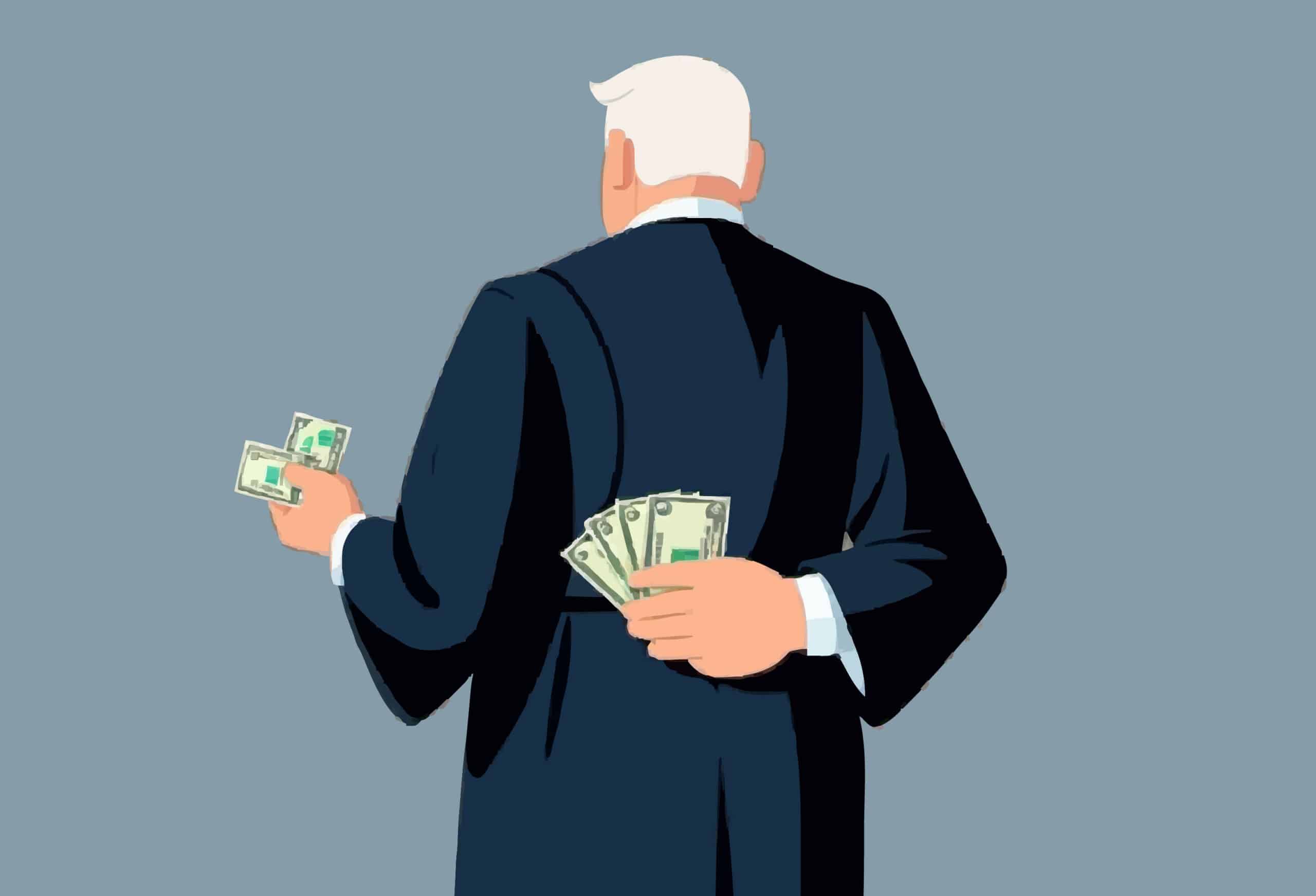Illustration of a businessman in a suit holding cash visibly in one hand and hiding more behind his back, symbolizing corruption and unethical practices in civil litigation.