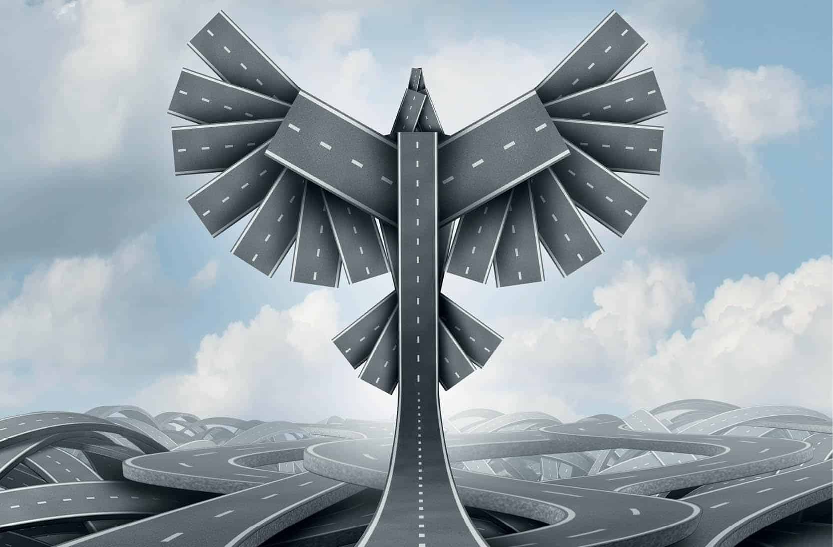 Intersecting roads in the foreground with a large eagle, composed of converging roads, flying centrally above all the roads.