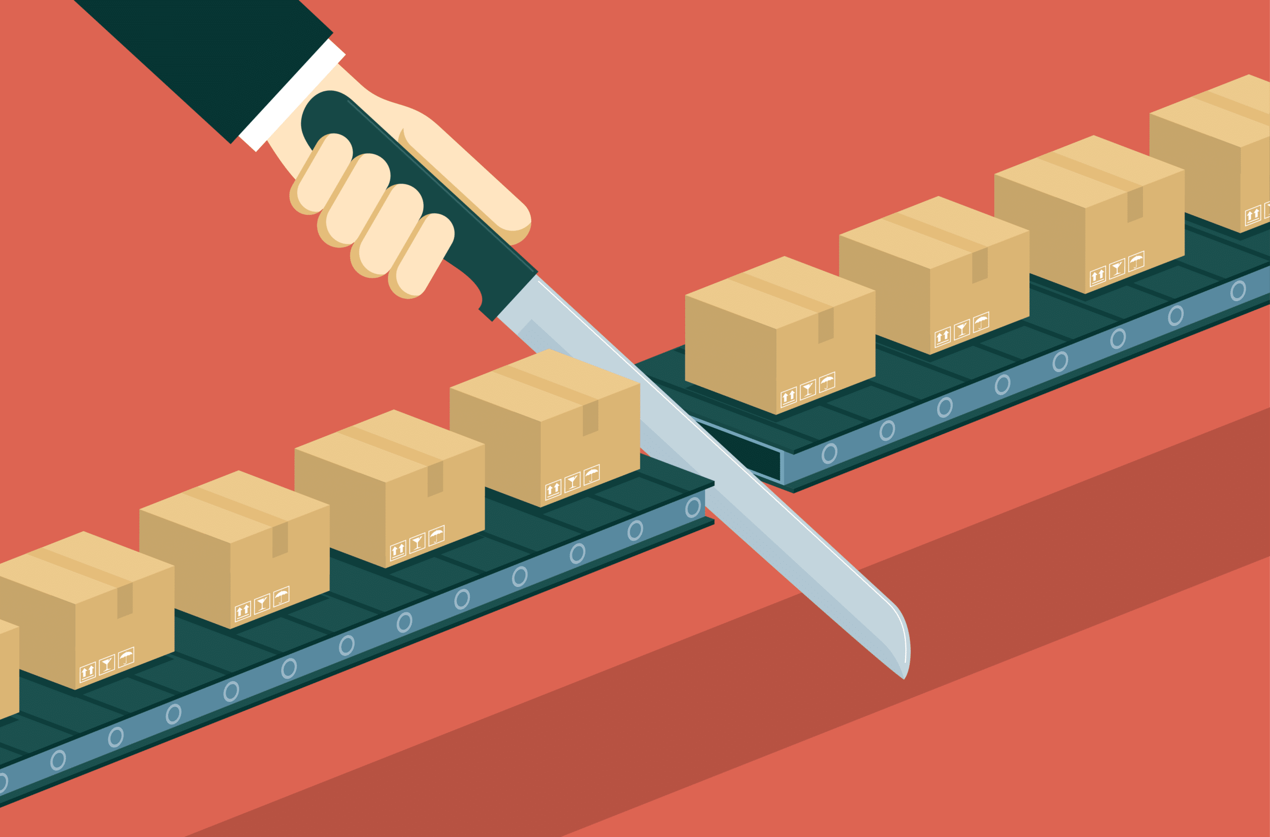 illustration of a conveyor belt with a line of packages. A businessman cuts the belt in half with a large knife