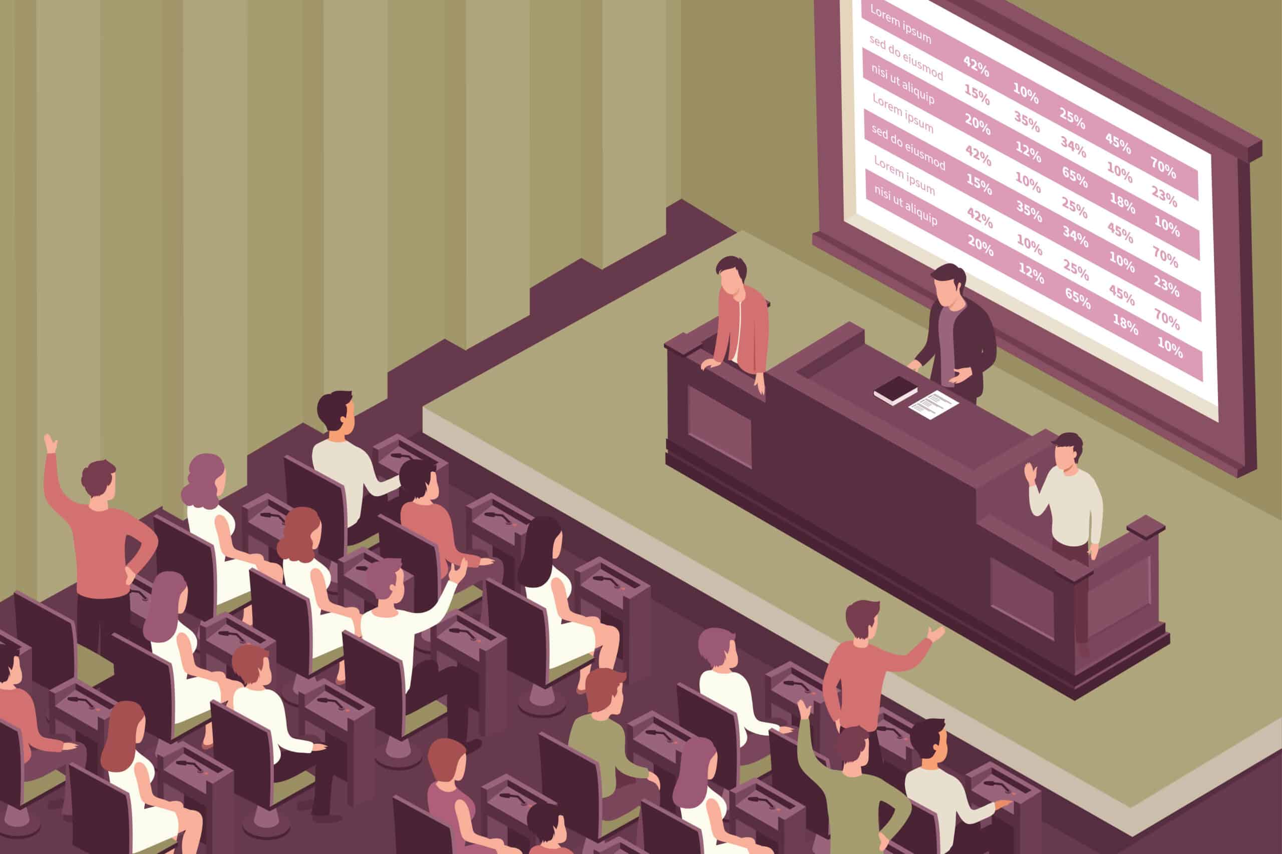 graphic of a courthouse with statistics in the background and an audience