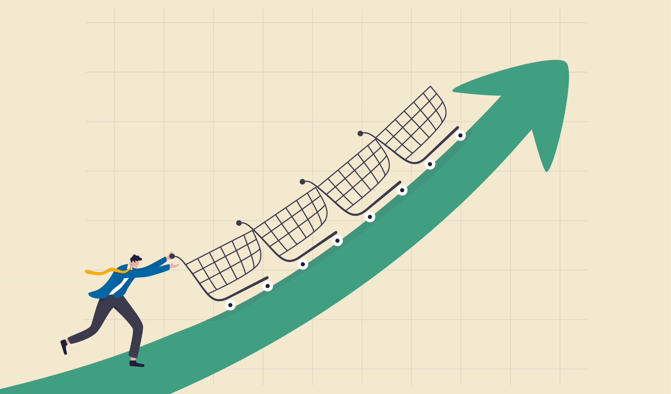 Illustration of a man pushing several shopping carts up on an arrow pointing upwards representing the high number of large dollar value M&A deals in the insurance brokerage space