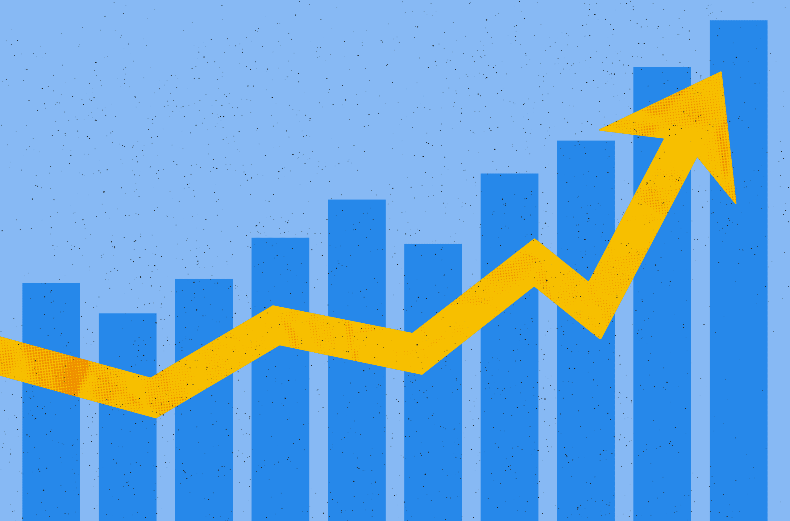 A bar graph trending upwards, with an arrow representing the direction of progress