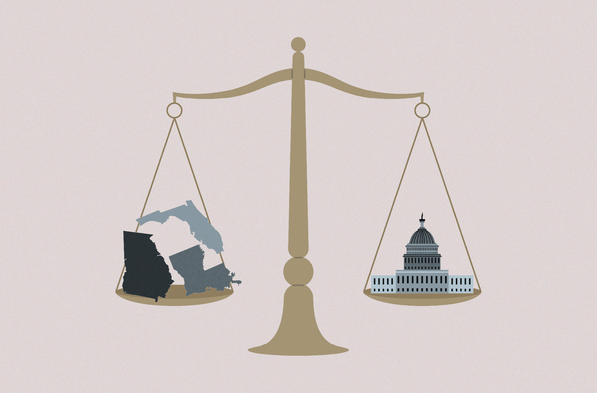 The scales of justice, evenly weighted, atop a plain light-pink background. On the left scale, the map outlines of Florida, Louisiana, and Georgia, and on the right scale, the Capitol building
